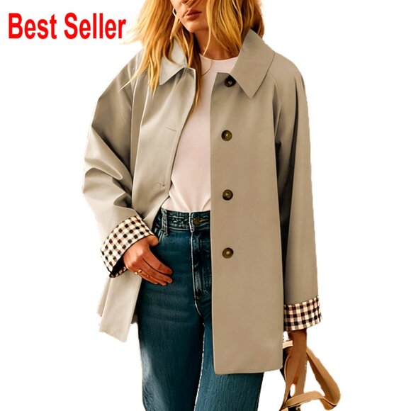Jackets & Blazers - Oversized Trench Coat Classic Chic Button Up Jacket Plaid Lined Outerwear